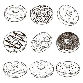 Set collection of donut illustration in hand drawn design with various flavors. isolated on white background. donut background template vector