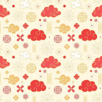 Chinese New Year Seamless Pattern. Oriental Pattern with Clouds, Flowers and Traditional Asian Elements on Beige Background. vector