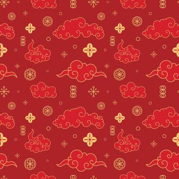 elegante chino nuevo año tradicional sin costura modelo. asiático sin costura modelo con dorado nubes y floral adornos en rojo antecedentes. vector