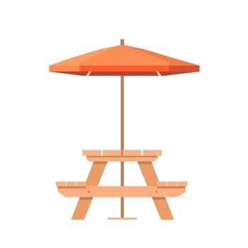 Empty picnic table with umbrella in flat style isolated on white background. vector
