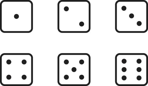 Six Sided Dice Faces Set, Minimal Black and White Icon Collection, Standard Game Cubes 1 to 6 vector