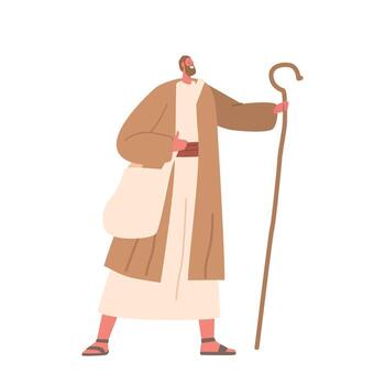 Ancient Wanderer With Staff. Male Character Armed With A Trusty Staff As A Symbol Of Guidance And Resilience In Journey vector