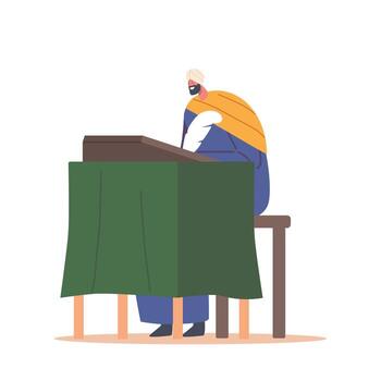 Ancient Clerk Writer Character Sitting Behind A Bureau, Meticulously Transcribing With Quill And Ink, in Atmosphere vector