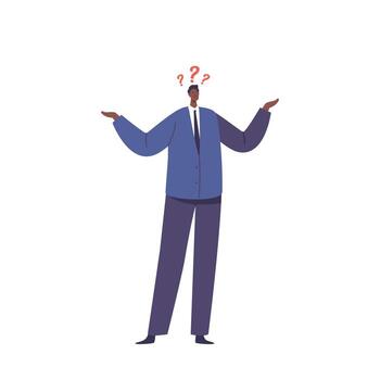 Perplexed Male Character With Raised Shoulders And Question Mark Symbols Hovering Above. Black Man Expresses Confusion vector