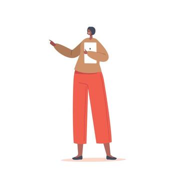 sonriente mujer utilizando tableta y haciendo señalando gesto. hembra personaje demostrando producto o señalando vector