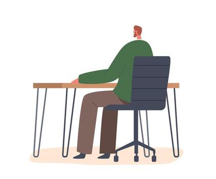 Man Sitting At Desk Rear View, Working With Intense Focus And Concentration. Male Character Lost In Thought vector