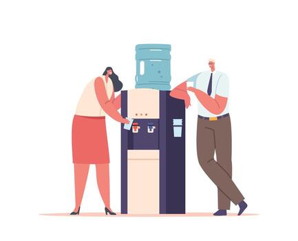 Man And Woman Characters Quench Thirst Near Office Cooler, Taking Break From Work To Hydrate And Refresh, Illustration vector