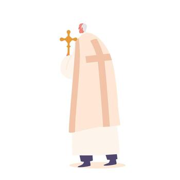 Bishop Holding A Cross With Pious Expression, Rear View Isolated on White Background, Religious Pope Character vector