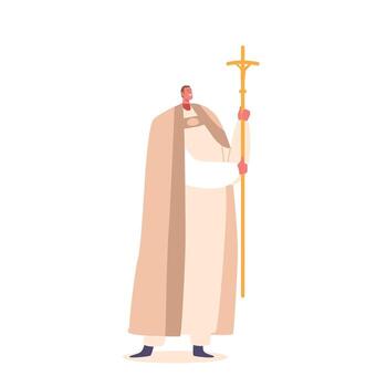 Bishop Character in Official Attire Stand With Cross In Hands, Blessing The Congregation. Pope with Symbol Of Faith vector