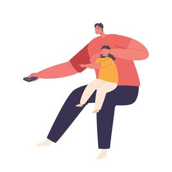 Father Character Shielding His Child From Harmful Online Content. The Image Highlights Importance Of Parental Control vector