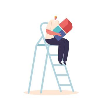 Graphic Designer Holding Huge Eraser Sitting on Ladder, Ready To Make Corrections. Creativity And Ability in Project vector