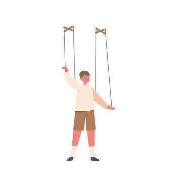 Child Marionette Character Suspended By Strings, Representing The Concept Of Parental Manipulations, Control vector