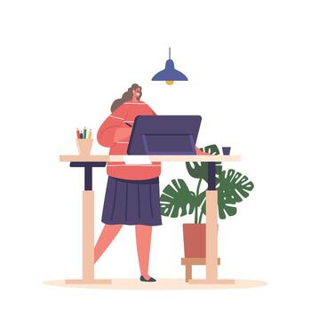 joven hembra personaje gráfico diseñador en pie a escritorio utilizando tableta para haciendo bocetos a lugar de trabajo vector