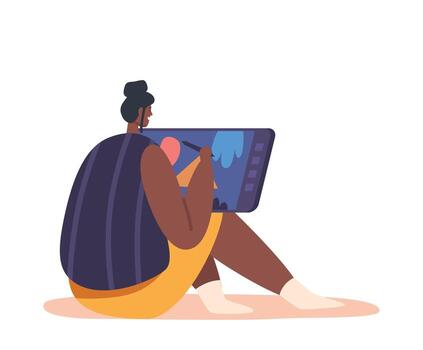 gráfico diseñador hembra personaje sentado a piso posterior ver utilizando digital tableta haciendo bosquejo a lugar de trabajo vector