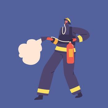 Brave Firefighter Character Equipped With A Powerful Fire Extinguisher, Ready To Combat And Extinguish Fires vector