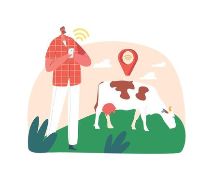 Farmer Male Character Tracks Cow Livestock Using Gps Technology, Ensuring Efficient Grazing Patterns vector
