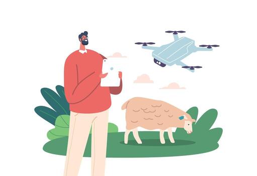 granjero masculino personaje emplea zumbido a monitor oveja y ganado, utilizando aéreo tecnología a observar pasto vector