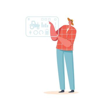 Farmer Utilizes Artificial Touch Screen To Monitor And Control Various Aspects Of The Farm, Cartoon Illustration vector