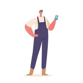 Farmer Male Character Uses Smartphone To Access The Latest Data And Analytics. Concept Of Smart Technological Farming vector