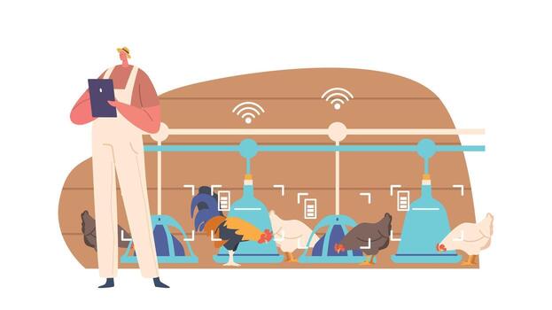 Character Work On Smart Chicken Livestock With High-tech Infrastructure And Automated Feeding Systems vector