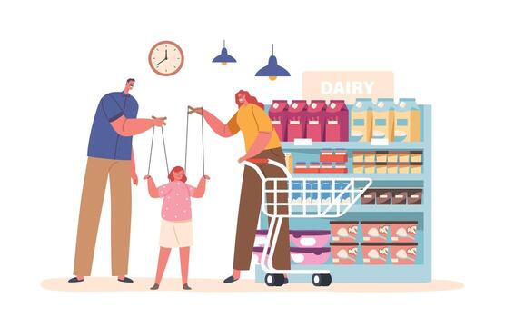 Overbearing Parents Manipulate Their Child's Every Move, Exerting Control As If The Child Were A Marionette on Strings vector