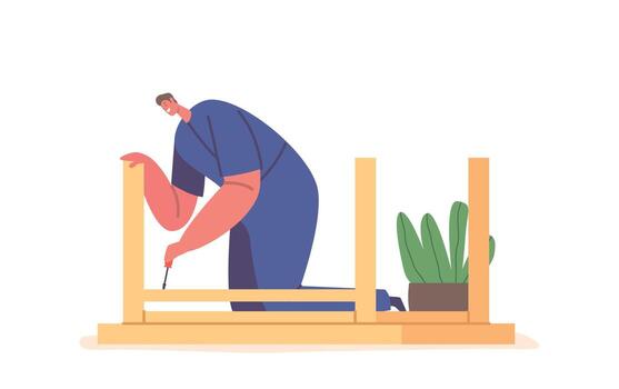 Worker Male Character Assembling Wooden Table Using Screwdriver Tool. Follows Instructions, Connecting Legs To The Top vector