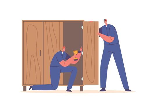 Worker Characters Assemble Wooden Furniture Using Drill. They Follow Instructions, Attach Doors And Hardware vector