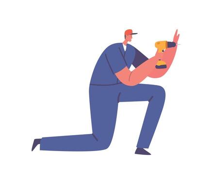 Worker Male Character Operating A Powerful Drill, Using Precision And Expertise To Bore Holes Into Various Materials vector