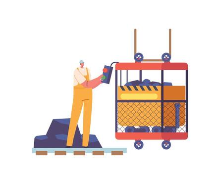 Coal Mining, Extraction Industry Concept. Miner Character Load Coal in Elevator. Engineer Work on Quarry with Transport vector