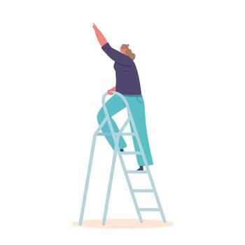 Woman Stands On The Ladder, Pointing Upwards With A Confident Expression, As If Showing The Path To Success vector