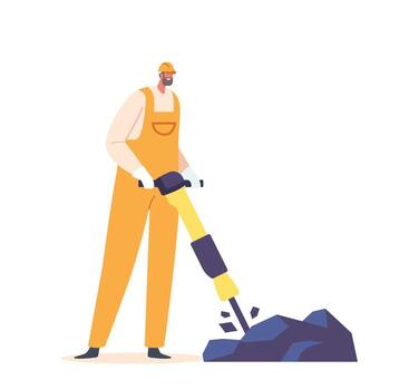 Miner Character Wielding A Jackhammer, Breaking Up Rocks In The Mine Shaft, Creating A Path For Extraction Equipment vector