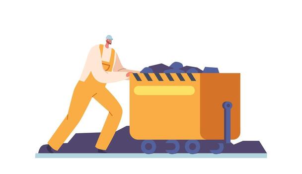 Miner Character With Trolley, Worker Pushing Wheeled Cart Filled With Coal Minerals, Used To Transport Materials vector