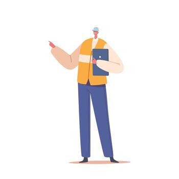 fábrica ingeniero masculino personaje utilizando tableta a monitor producción proceso, analizar datos, optimizar operaciones vector