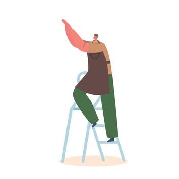 Man Character In Apron Standing On Ladder, Working Diligently. He Is Focused And Appears To Be Doing A Skilled Job vector