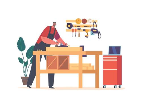 Male Carpenter Work In A Carpentry Workshop with Plane Tool, Involves Skilled Craftsmanship, Create Wooden Structures vector