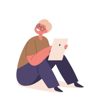 comprometido y curioso niño utilizando un tableta ordenador personal, explorador digital contenido, aprendizaje y jugando juegos. pequeño chico vector