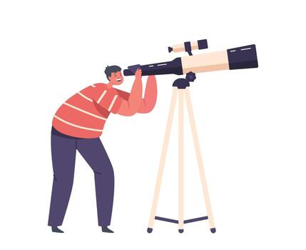 Space Observation Hobby, Curious Boy Look In Telescope Isolated on White Background. Child Studying Astronomy Science vector