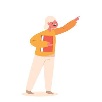 Little Girl with Book in Hands Pointing on Something Interesting. Kid Studying, Learning Classes. Child Back to School vector