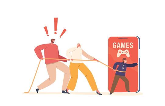 Parents Mother And Father Characters Desperately Pull Their Child Away From The Digital Screen, Using A Rope vector