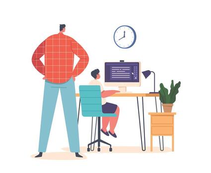 Father Character Watch Over Son Computer Use Monitoring Activity And Ensuring Safe Browsing, Illustration vector