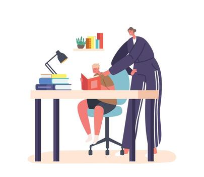 Mother Character Guiding, Overseeing, And Monitoring Child's Homework Progress. Providing Assistance, Direction vector