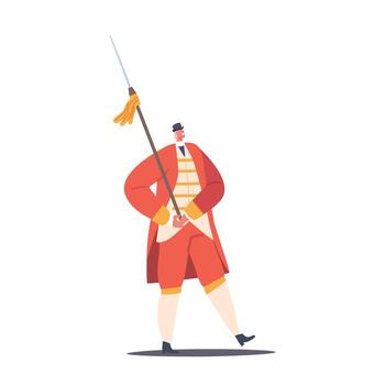 Mighty Guard Of The King Dressed In Red Traditional Uniform And Holding A Sharp Spear, Ready To Defend The Kingdom vector