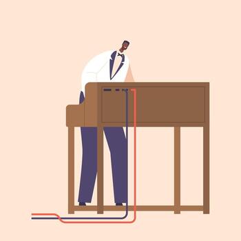Talented Skilled Black Musician Character Playing Jazz Soul, Creating Groovy Rhythms With Smooth Melodies On Piano vector