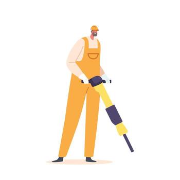 Miner Character Equipped With Jackhammer, Drilling And Breaking Rock. Dust And Debris Flying While Machinery vector