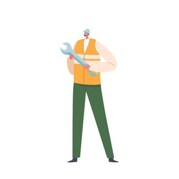 Skilled And Experienced Factory Engineer Male Character Using Wrench, Overseeing Production Lines, Illustration vector