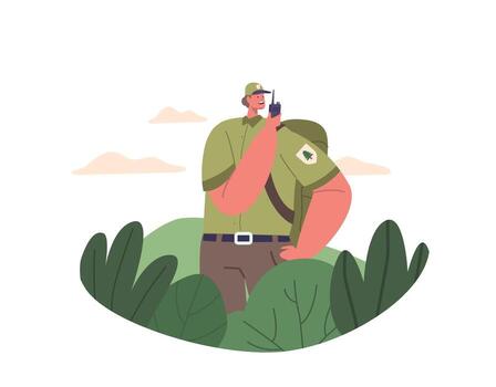 Ranger Forester Character In Forest Communicating With Walkie-talkie, Monitoring, Patrolling, Alerting Wildlife vector