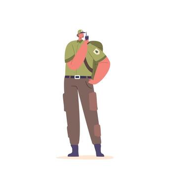 Ranger Forester Character Uses Walkie-talkie To Communicate In Forest, Monitoring And Coordinating Tasks With Colleagues vector