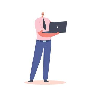 masculino personaje con ordenador portátil en manos aislado en blanco antecedentes. persona de libre dedicación, programador, descifrador o analista vector