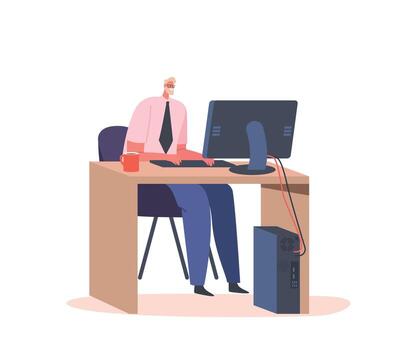 hombre administrador de sistemas o descifrador a trabajo en computadora en oficina. masculino personaje trabajando con grande datos técnico información en ordenador personal vector