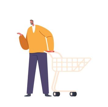 Man Pushing A Shopping Trolley, Navigating Through Aisles. Male Character Selecting Items For Purchase vector